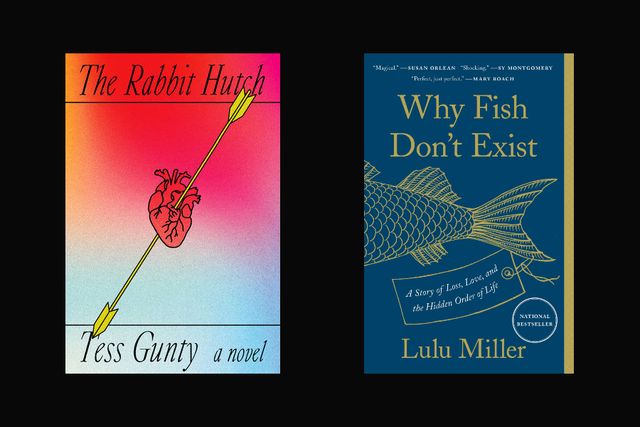 A photo montage of Rabbit Hutch by Tess Gunty and Why Fish Don't Exist by Lulu Miller